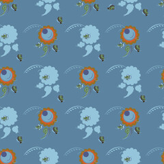 Fototapeta na wymiar Seamless stylized flower pappern on blue background. Small ethnic. Floral feminine design for cozy home textile and decor.