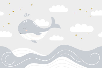 Hand drawn seamless background of clouds and waves. Sleeping cartoon cute whale. Kids design in pastel colors. Wall art of the nursery.