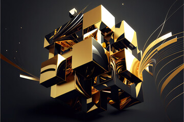 abstract golden background on black art deco style 3D illustration geometric elements and expensive golden tones., ai artwork
