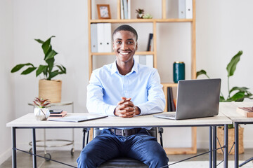 Black man, office and portrait of a accounting manager at a desk ready for work on African...