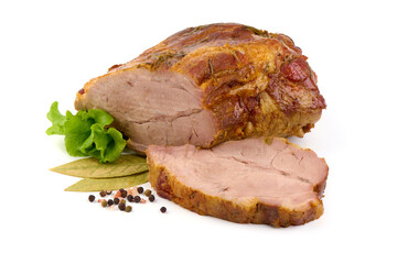 Roasted pork meat, Christmas baked spicy galzed meat, close-up, isolated on white background.