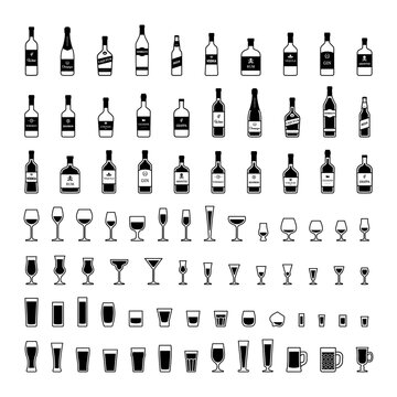 Set of black and white icons bottles and glasses of alcohol isolated PNG