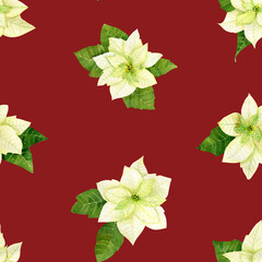 Obraz premium Watercolor christmas flowers pattern. White poinsettia, branches of spruce and winter greenery for wrap paper or winter textile. Winter design.