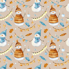 Watercolor, seamless pattern with winter snowmen in cartoon style.