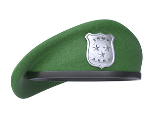 Military green beret of army special forces with silver emblem on white background 3d rendering - obrazy, fototapety, plakaty