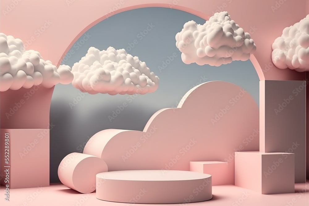 Poster pink rendering with podium and minimal cloud scene, minimal product display background 3d rendered geometric shape sky cloud pink pastel. Podium, pedestal, layout