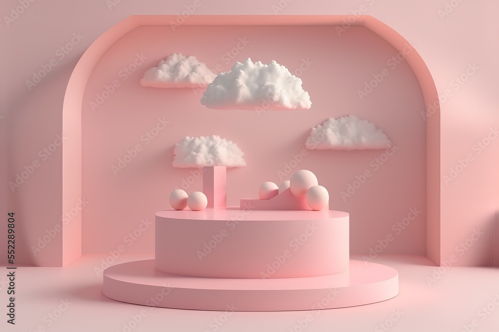 Fototapete pink rendering with podium and minimal cloud scene, minimal product display background 3d rendered g