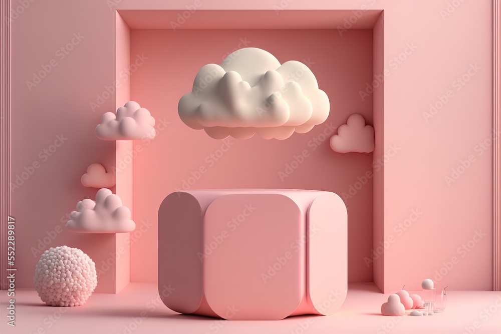 Poster pink rendering with podium and minimal cloud scene, minimal product display background 3d rendered geometric shape sky cloud pink pastel. Podium, pedestal