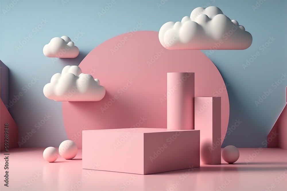 Poster pink rendering with podium and minimal cloud scene, minimal product display background 3d rendered geometric shape sky cloud pink pastel. Podium, pedestal, layout