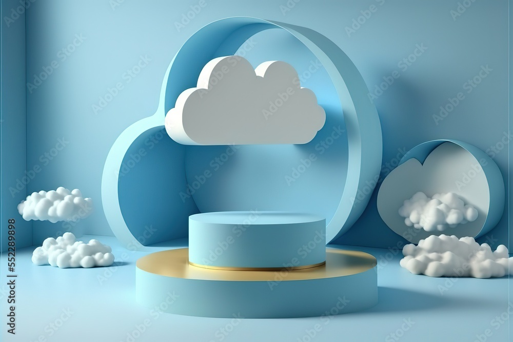 Fototapete blue rendering with podium minimal cloud scene, minimal product display background 3d render sky clo