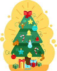 Christmas fir-tree decorated toy and gift vector