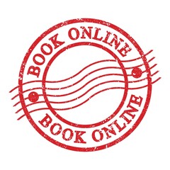 BOOK ONLINE, text written on red postal stamp.