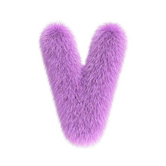 Hairy font, furry alphabet, 3d rendering, letter V
