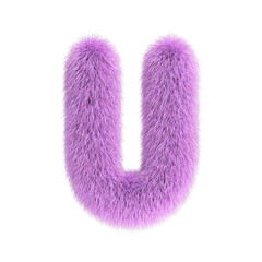 Hairy font, furry alphabet, 3d rendering, letter U