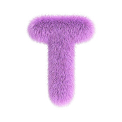 Hairy font, furry alphabet, 3d rendering, letter T