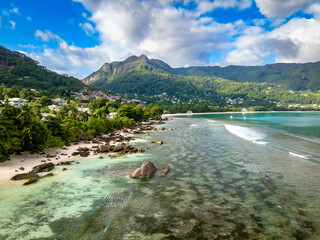 Aerial landscape overlooking the coastline of Mae Island in the Seychelles. Turquoise water of the...
