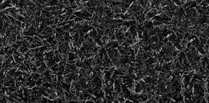 Vector black crinkle cut paper texture. Craft paper shred pattern. Dark cardboard stripe shape. Post box filler. Natural cut material for postal package. Recycle corrugated cardboard banner. Confetti