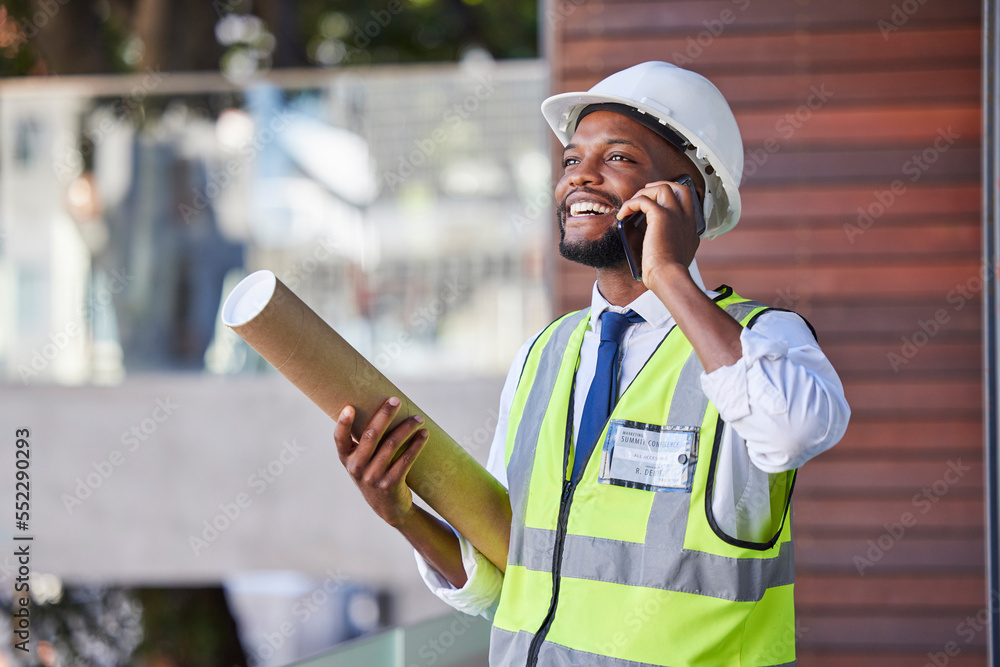 Poster black man, phone call and architect with construction and architecture, communication and businessma