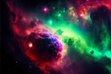 fantastic space landscape with planets and constellations of super bright colors