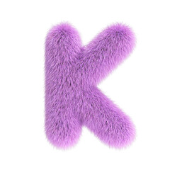 Hairy font, furry alphabet, 3d rendering, letter K