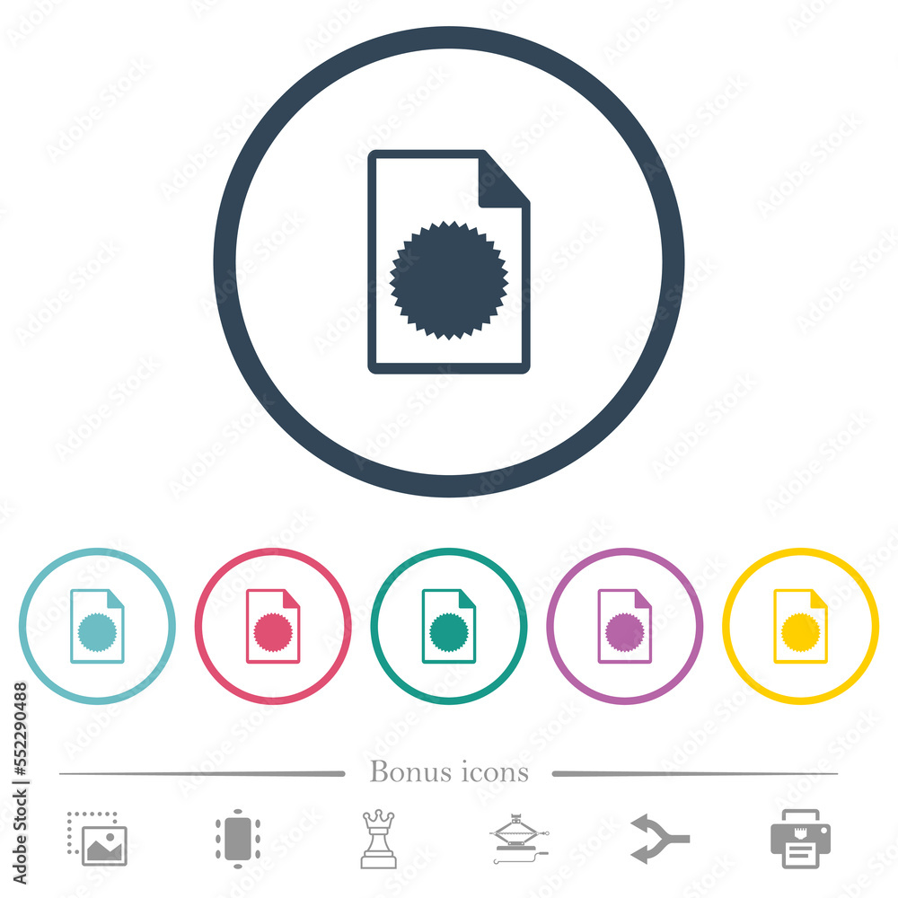 Poster certificate file flat color icons in round outlines