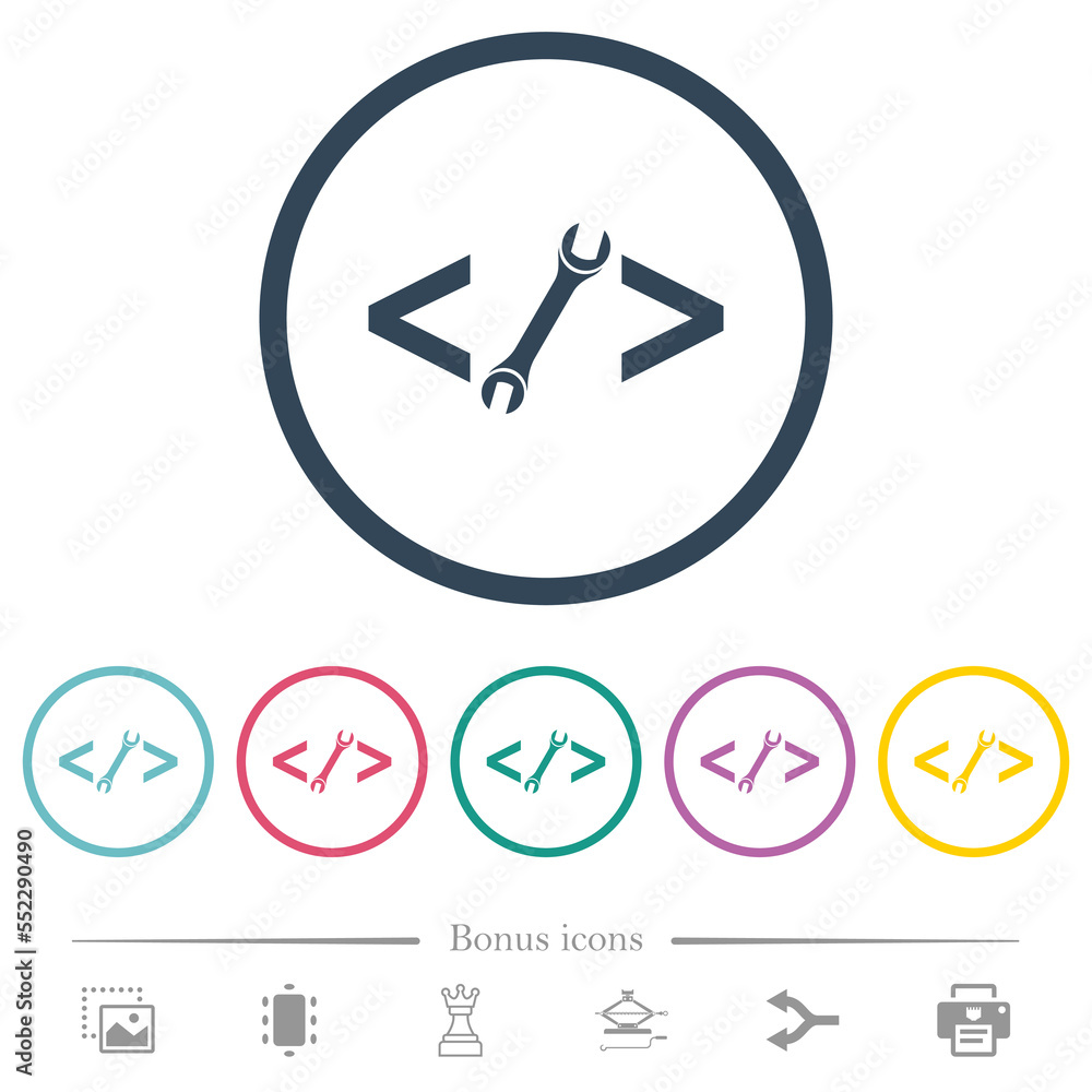 Poster web development with wrench flat color icons in round outlines