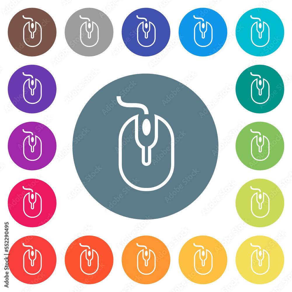 Aufkleber computer mouse with cord outline flat white icons on round color backgrounds