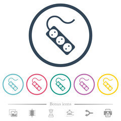 Portable electrical outlet with three sockets and cord solid flat color icons in round outlines