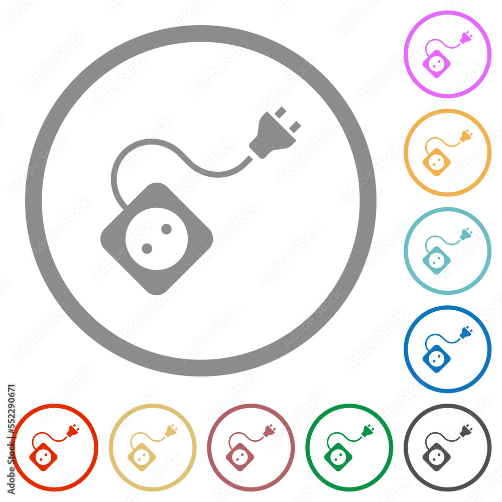 Poster portable electrical outlet with one socket and extension cord and plug solid flat icons with outline