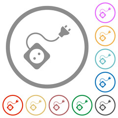 Portable electrical outlet with one socket and extension cord and plug solid flat icons with outlines