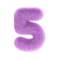 Hairy font, furry alphabet, 3d rendering, number 5