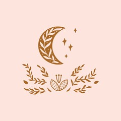 Floral Half Moon vector Illustration. Trendy linocut celestial shapes with leaves and flower. Crescent moon vintage logo design. Mystical silhouette cosmic elements for print, posters, social media.