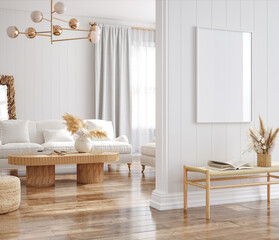 Fototapeta na wymiar Mockup frame in interior background, room in light pastel colors, Scandi-Boho style, 3d render