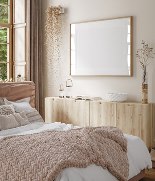 Mockup frame in cozy beige bedroom interior background, 3d render