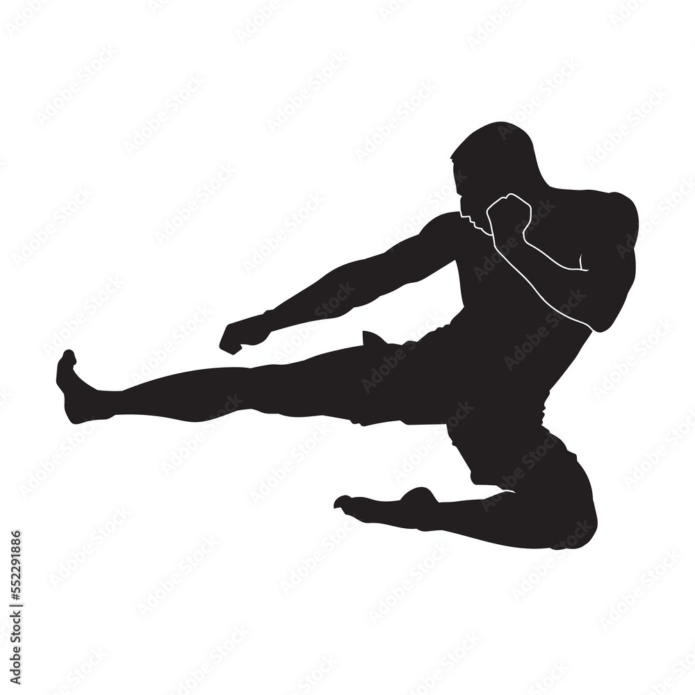 Wall mural Black Illustration kick boxer isolated vector silhouette. On white background.