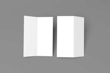 3D realistically rendered half fold brochure mockup drawing. Brochure mockup standing on isolated gray background. Half folded brochure mockup lying open.