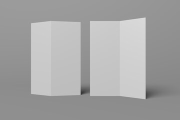 3D realistically rendered half fold brochure mockup drawing. Brochure mockup standing on isolated gray background. Half folded brochure mockup lying open. - obrazy, fototapety, plakaty