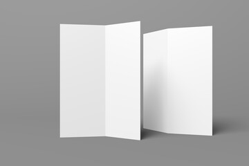 3D realistically rendered half fold brochure mockup drawing. Brochure mockup standing on isolated gray background. Half folded brochure mockup lying open.
