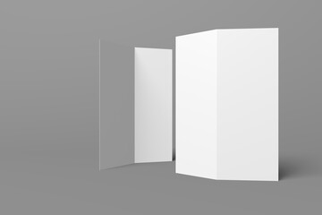 3D realistically rendered half fold brochure mockup drawing. Brochure mockup standing on isolated gray background. Half folded brochure mockup lying open.