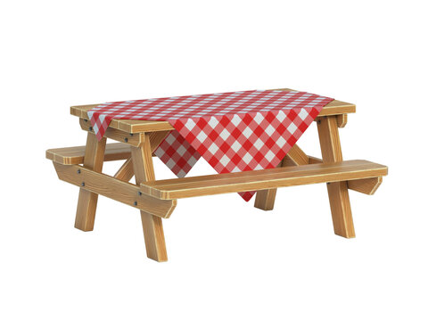 Wooden picnic table with benches, one piece wood furniture with tablecloth for outdoor dining isolated on white background 3d rendering