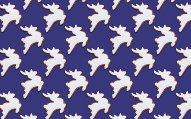 Seamless pattern of cookies in the shape of White deer, on a purple background, minimal print for new year card. Happy new year and merry christmas concept