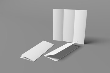 3D realistically rendered tri-fold brochure mockup drawing. Brochure mockup standing on isolated gray background. A mockup of 3 tri-fold brochures that stand open and closed.