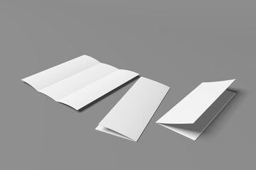 3D realistically rendered tri-fold brochure mockup drawing. Brochure mockup standing on isolated gray background. A mockup of 3 tri-fold brochures that stand open and closed.