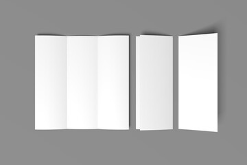 3D realistically rendered tri-fold brochure mockup drawing. Brochure mockup standing on isolated gray background. A mockup of 3 tri-fold brochures that stand open and closed.