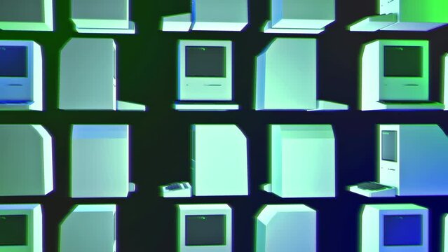Old School Desktop Computer With Green Electronic Matrix Illumination On Abstract Digital Background. Abstract Digital Background With Rotating Retro Computers. Abstract Digital Background Animation