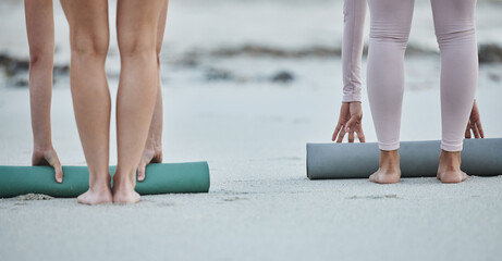Yoga mat, women legs and beach sand after fitness exercise, workout and balance training for peace,...