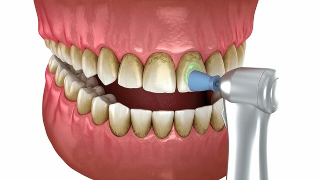 Teeth polishing procedure with professional brush and gel. Dental 3D animation
