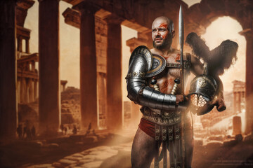 Fototapeta premium Glorious gladiator with muscular build on antique greek ruins. High quality photo
