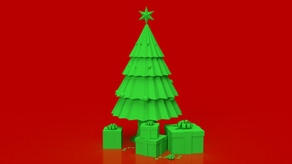 The green Christmas tree on red background for holiday concept 3d rendering