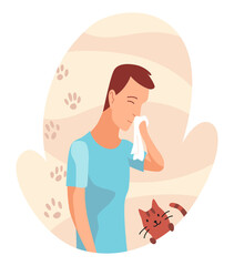 Allergic reactions concept. Symptoms of disease. Man with hypersensitivity and reaction of immune system. Male neezes or blows nose in handkerchief